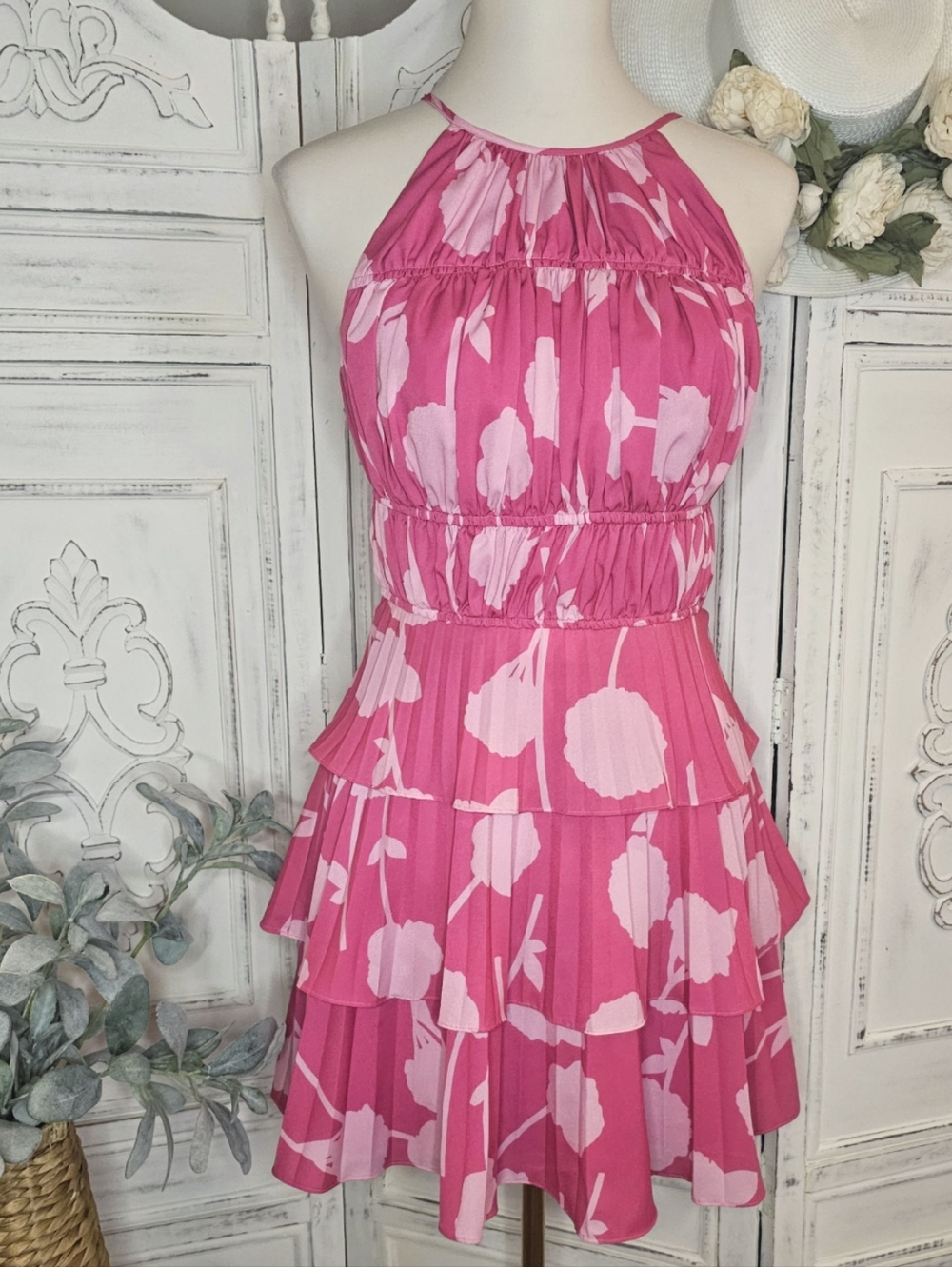 Amur Pink Floral Pleated Sleeveless Tiered Flirty Mini Dress